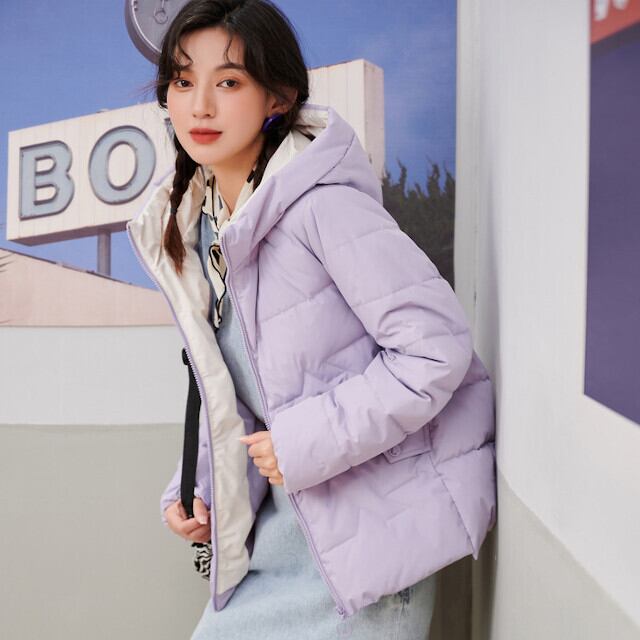 ダウンジャケット アウター レディース ショート丈 フード付き バイカラー ブラック/ピンク/ベージュ/パープルS/M/L/XL/2XL