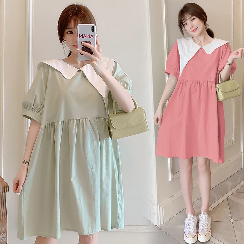 【新作】【送料無料】 マタニティウェア2020夏の新しい綿とリネンの人形の襟のルーズドレス、年齢を減らすミドル丈のファッションマタニティドレス-アリババ コットン サマー 夏物 expec28667583738