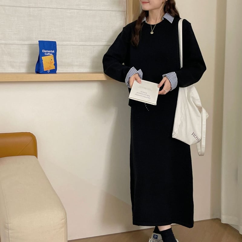 【set】チャック柄ドッキングセーター×スカートセット Q658