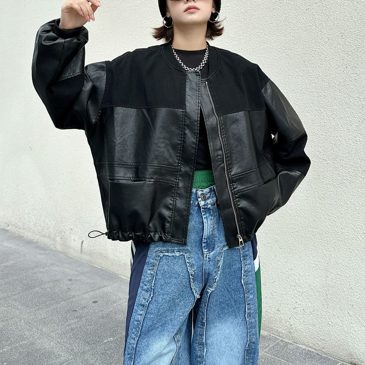 BASEBALL COLLAR CONTRAST PANEL SLEEVE JACKET M-18555