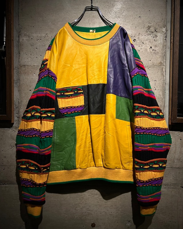 【Caka】Leather Switch Design Vintage Loose Multi Color 3D Knit