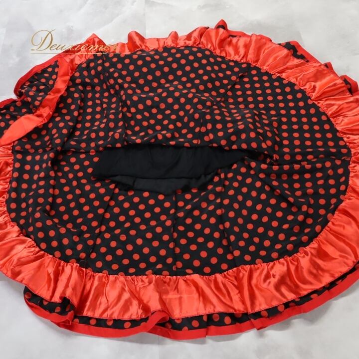 【フラメンコ衣装】赤黒×水玉模様 ワンピース ドレス フリル 美品：フラメンコ衣装】フラメンコドレス 赤黒 水玉模様 美品