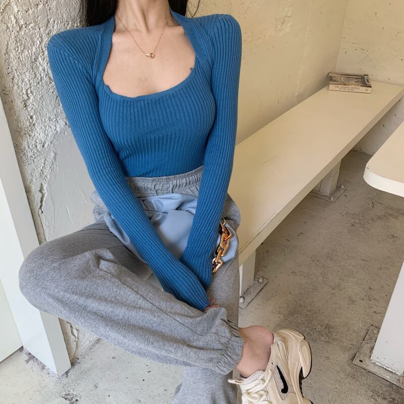 オータムブラックシャツ セーター スリムニットトップス ロング 秋物 ドラファッションホール90747665332