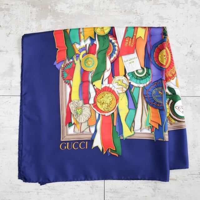 オールドグッチ グッチ GUCCI ☆ 総柄 スカーフ ネイビー ロゼット