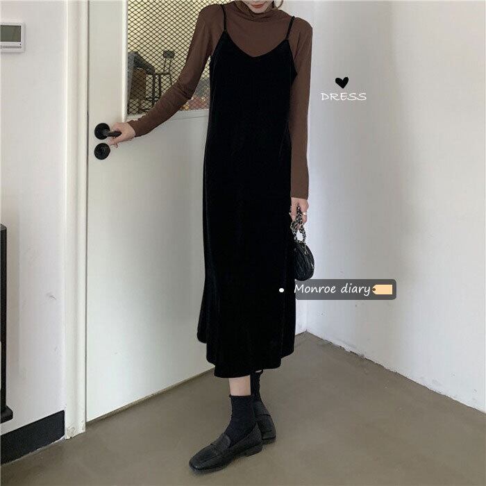 ベルベットドレス スタンダードスタイルブラックスカート 薄手ロング レトロ モンロー10226172573