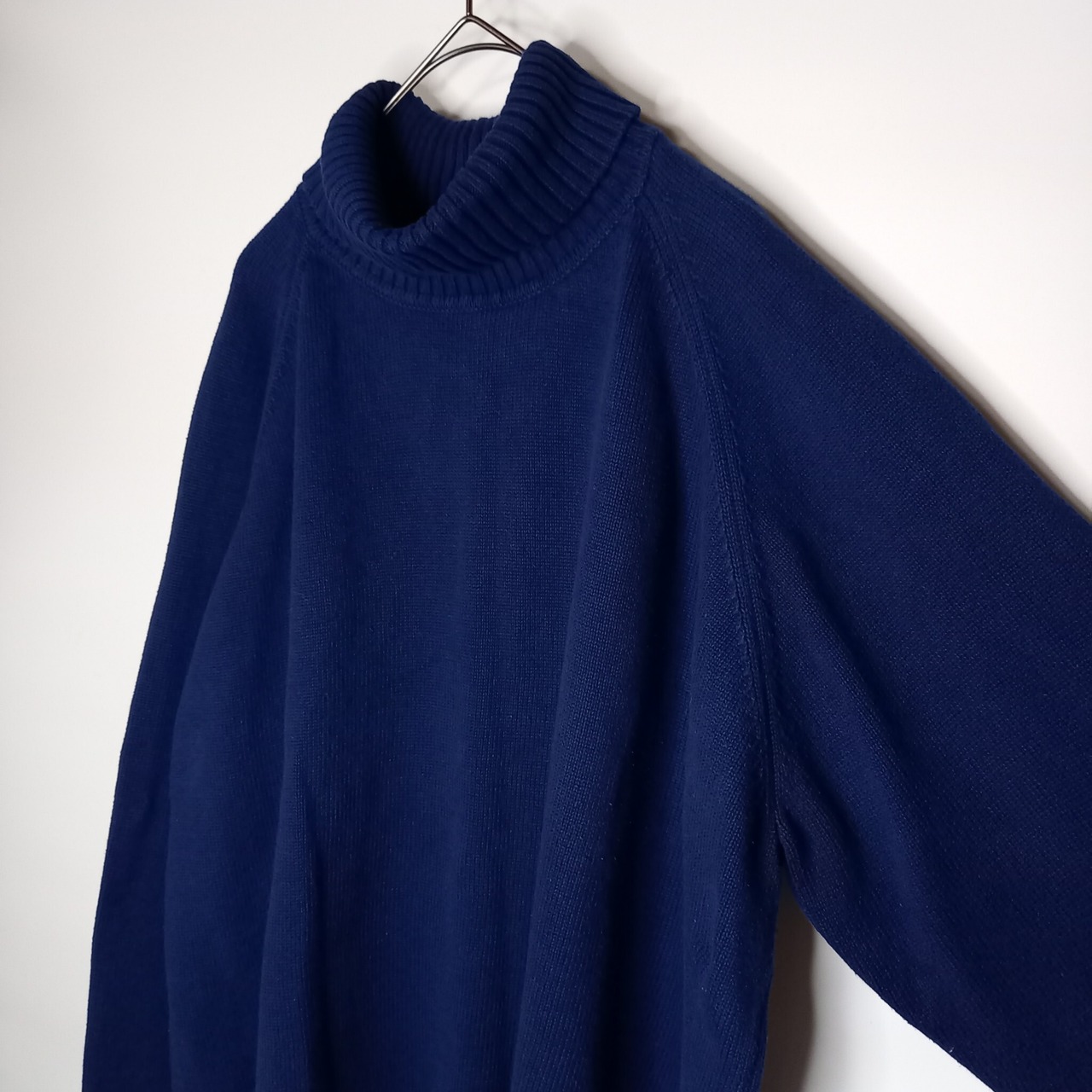 タートルネック　ラグランニット　コットン　セーター　無地　ブルー