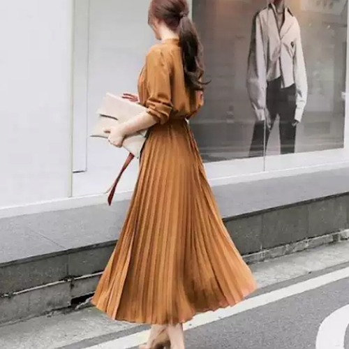 ワンピース プリーツ フレア ロング丈 Aライン リボン フロントボタン ハイウエスト レディース 無地 ゆったり 春 新作 長袖 清楚 カジュアル 大人スタイル スプリングウェア プリーツドレス
