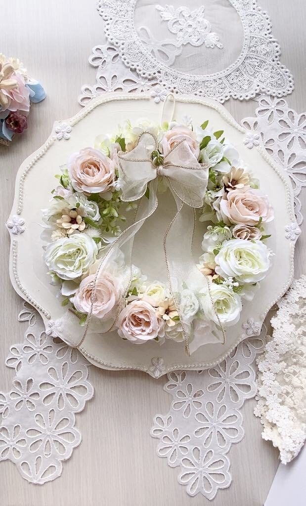 【WR-001】【ふんわり優しい彩りのラウンドリース】パステルピンク×ホワイト/壁掛け/インテリア/贈り物におすすめ