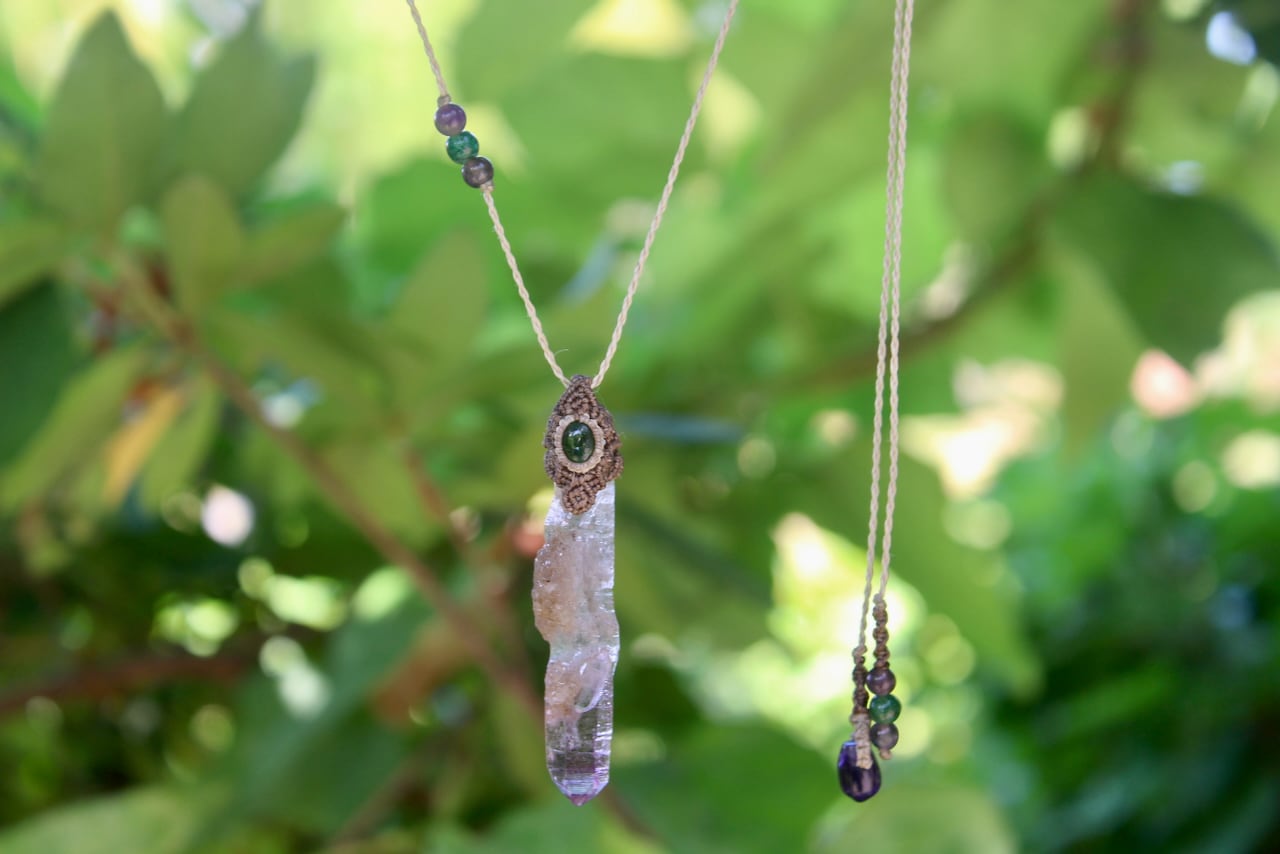 Amethyst point & Chrome Tourmaline  micro macrame pendant