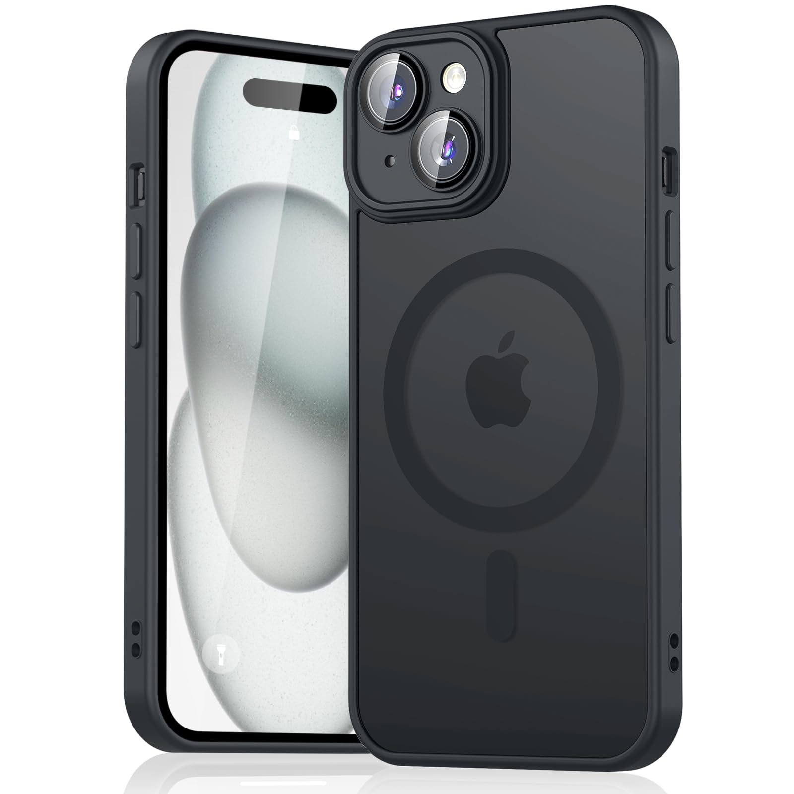 iPhone 15用 ケース MagSafe対応 マット仕上げ 半透明 フロスト 耐衝撃 ワイヤレス充電 ストラップホール付き アイホン 15用ケース(半透明 黒)