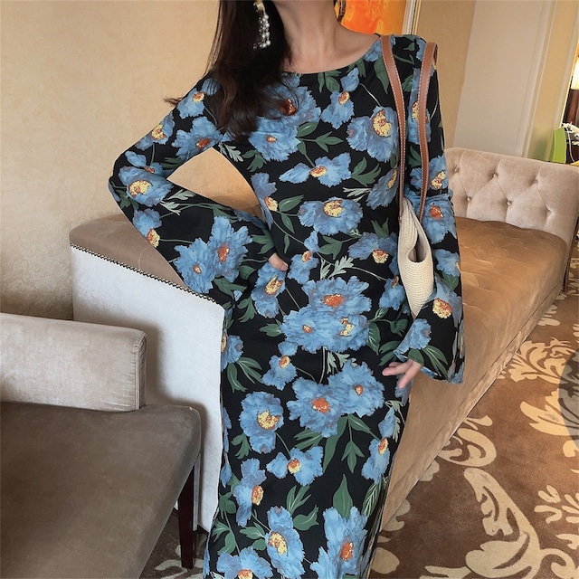 ワンピース 花柄 プリント スピーカースリーブ 長袖 一目惚れ S M L