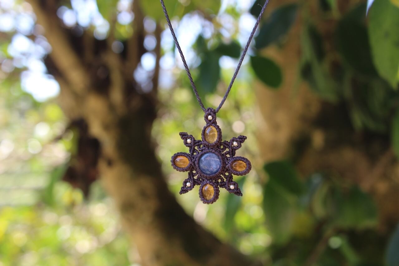 Kyanite & Hessonite Garnet micro macrame mandala pendant