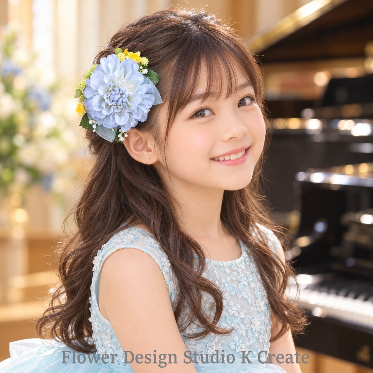 ピアノ発表会の子供用髪飾り|水色ダリアとチュールリボンのヘアクリップ|K Create