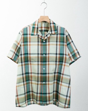 vintage check patterned open collar cotton short sleeve shirt