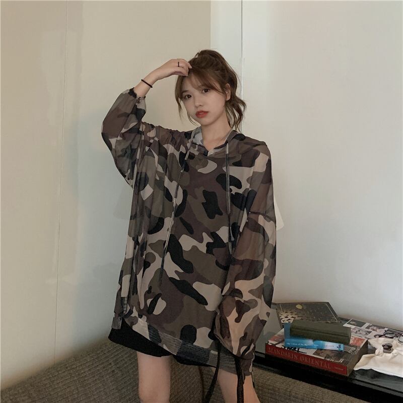 迷彩柄フードメッシュTシャツ トップス ブラウス ロング