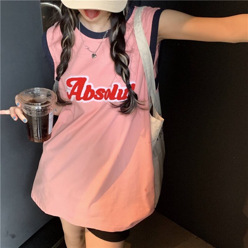 ノースリーブルーズTシャツ サマー薄手トップス ピンク レッド 刺繍 夏物 モンロー91367846385