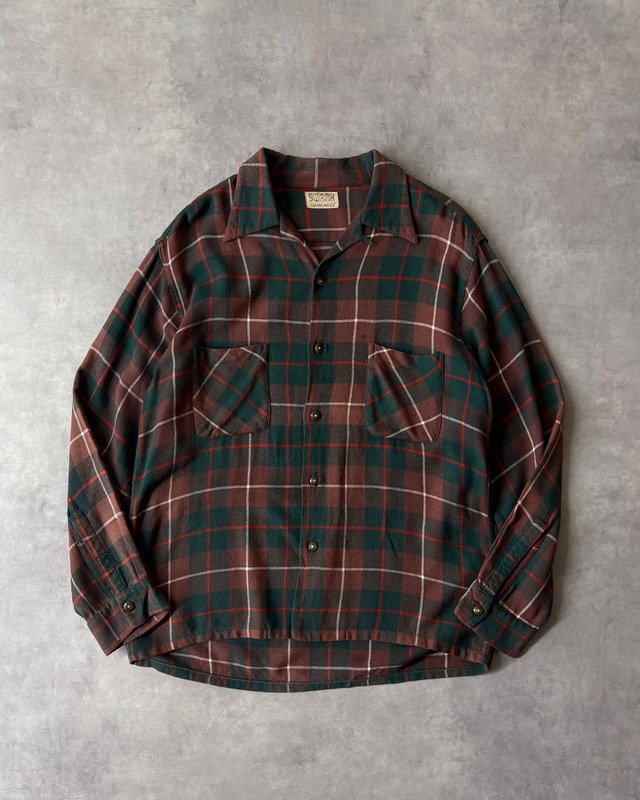 60s Lane Crest Cotton Flannel Plaid Open Collar Shirt