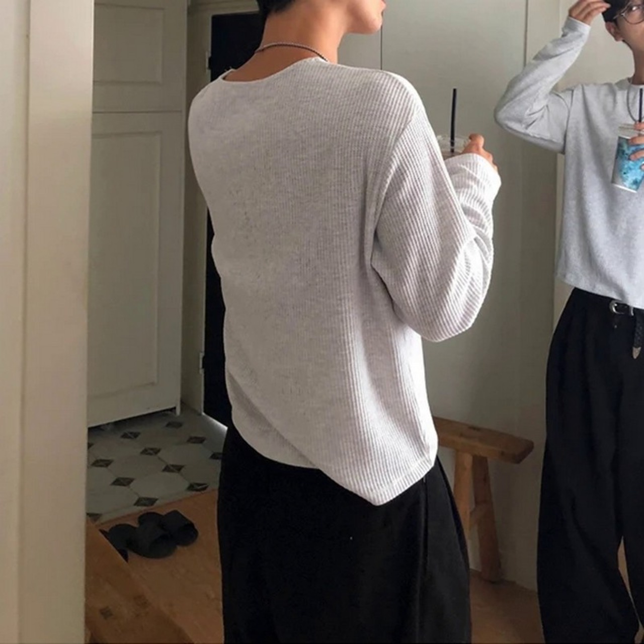 クルーネックワッフル長袖Tシャツ　1228