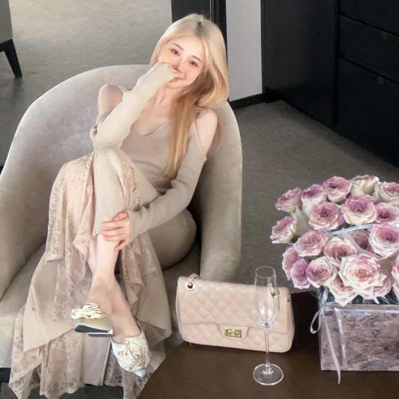 【dress】オフショルダーレースドッキングワンピース M20470