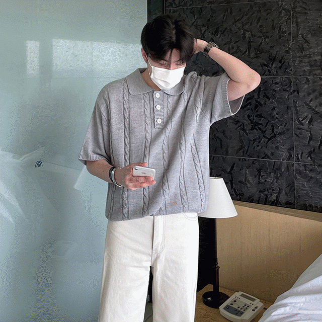 ポロシャツ ケーブル ニット 半袖 トップス セーター メンズファッション 韓国 春 夏