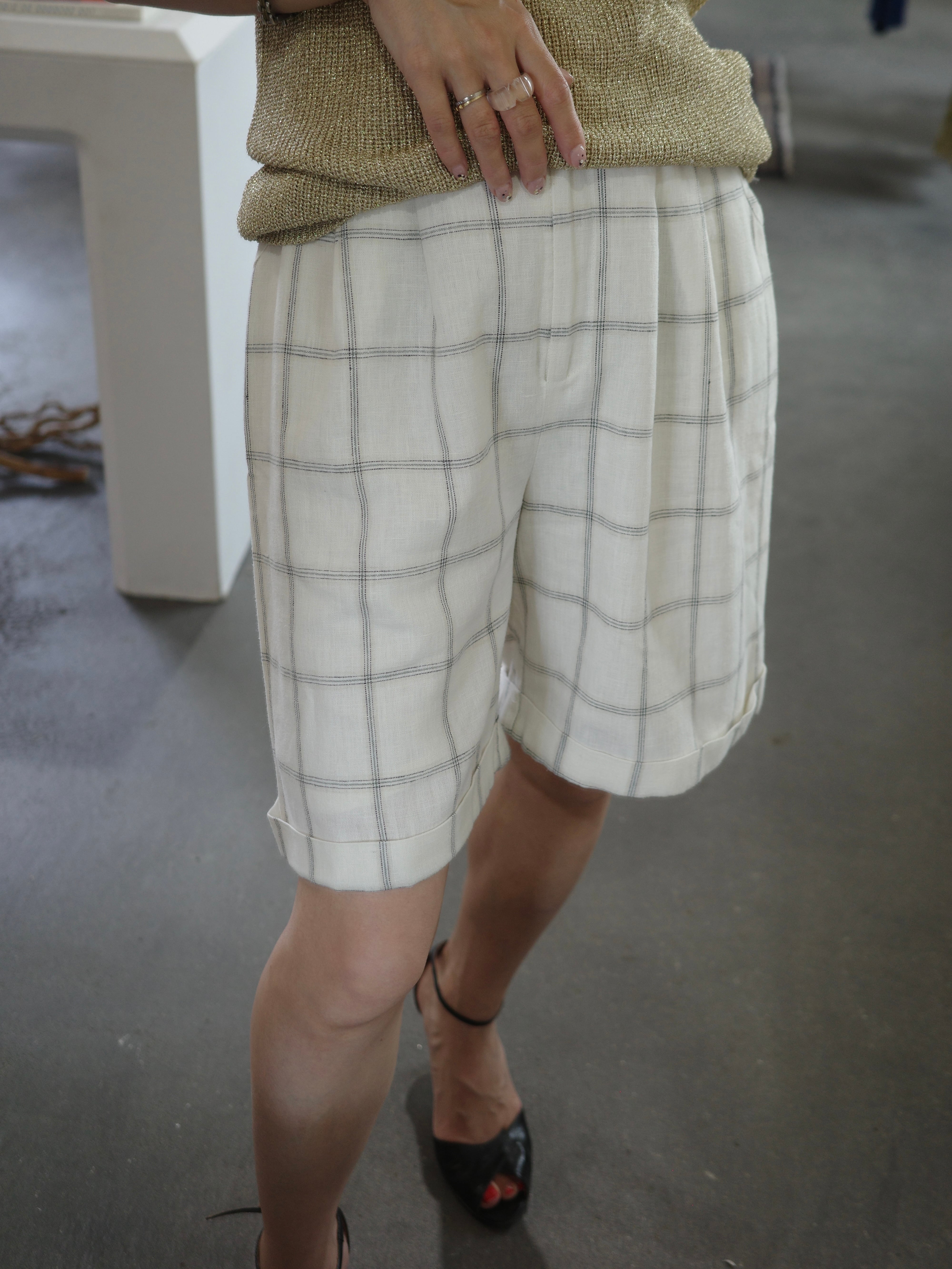 <vintage>check linen half pant