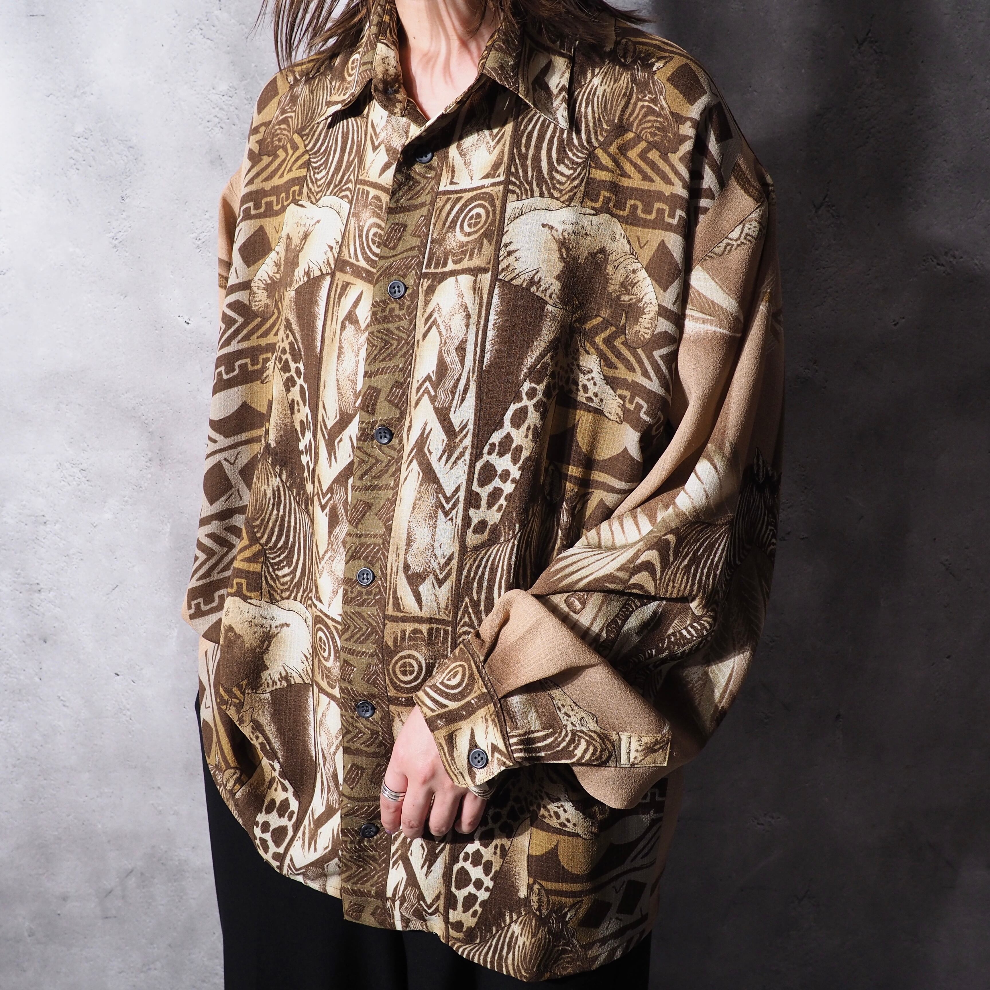 1990s African Sepia animal full pattern Design vintage Drape loose shirt