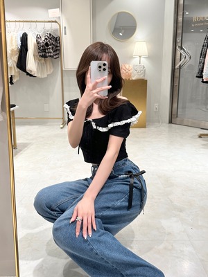 【再入荷】ribbon pearl straight denim