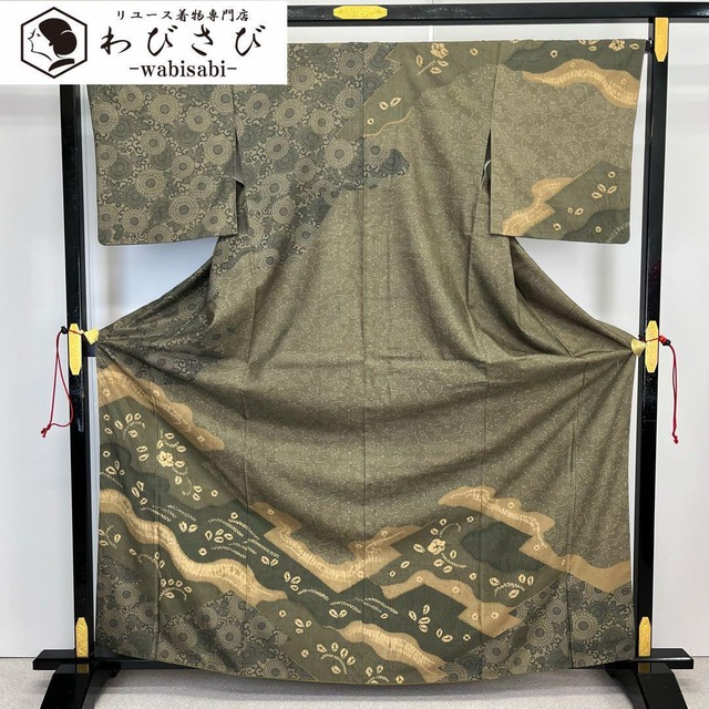 名古屋帯 案山子 かかし 雪輪 流水 花柄 麦藁色 O-2611 | リユース着物  