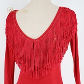 社交ダンス 衣装 DANSCOUTURE LONDON ドレス ワンピース レッド系 フリンジ 長袖 上品 高級感 綺麗 発表会 パーティー 赤 無地 伸縮 ストレッチ ロング ダンス衣装 イベント ステージ かわいい