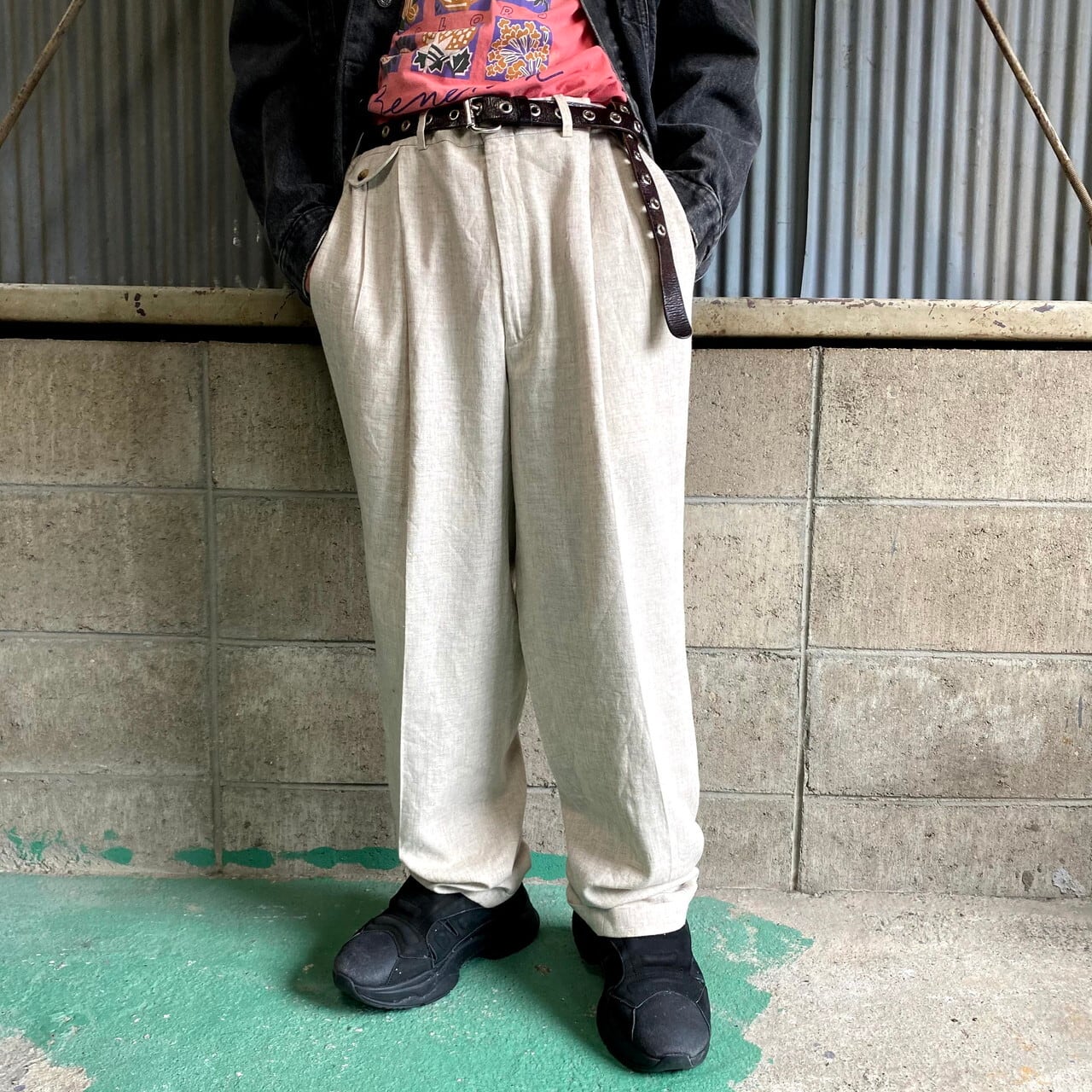 90年代 SAVANE リネン×レーヨン ツータック ワイドスラックスパンツ メンズW36 古着 90s ヴィンテージ ビンテージ ベージュ  ナチュラルカラー【スラックス,スタプレ】 | cave 古着屋【公式】古着通販サイト