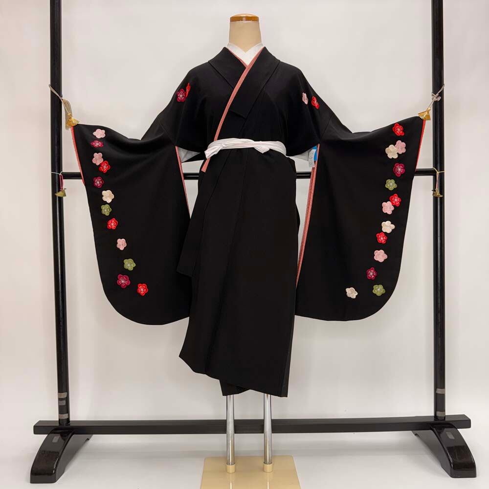 二尺袖 単品 卒業式着物 黒 刺繍 kansai 裄68.5cm Lサイズ 袴用着物 化繊 中古 5299