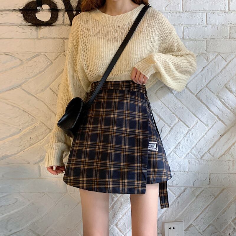 2020年春新作ハイウエストイレギュラースカートメス春・秋スカートチェック柄スカートAラインスカート春スカートショートスカートメス スーパーモール1704655734