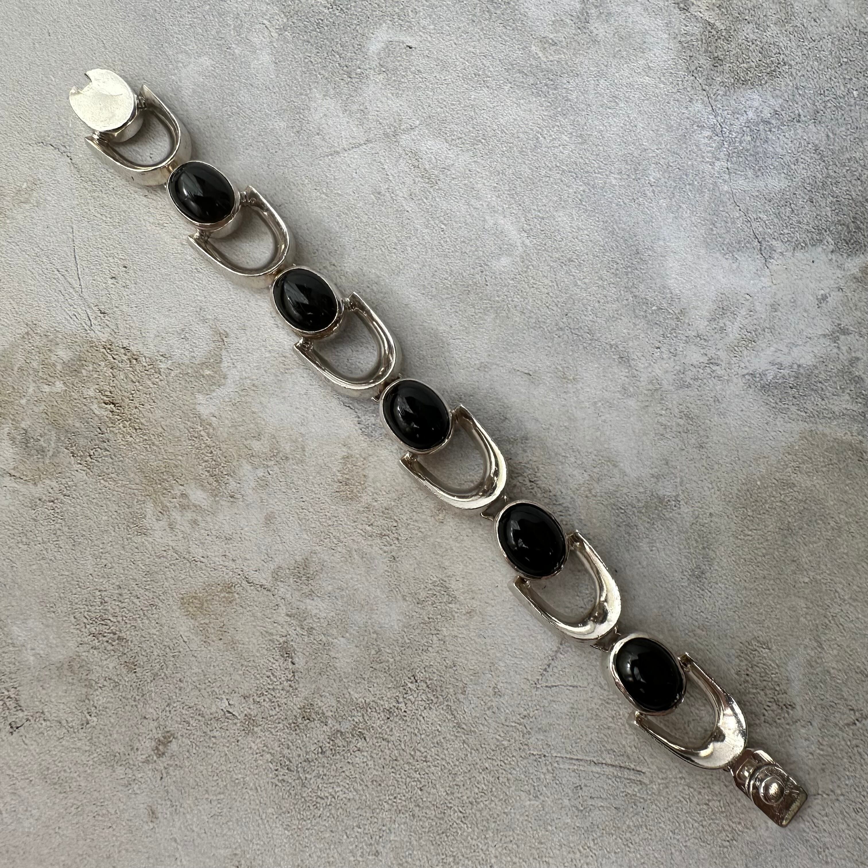 Vintage Heavy Onyx Link Bracelet Silver925 Made in Mexico