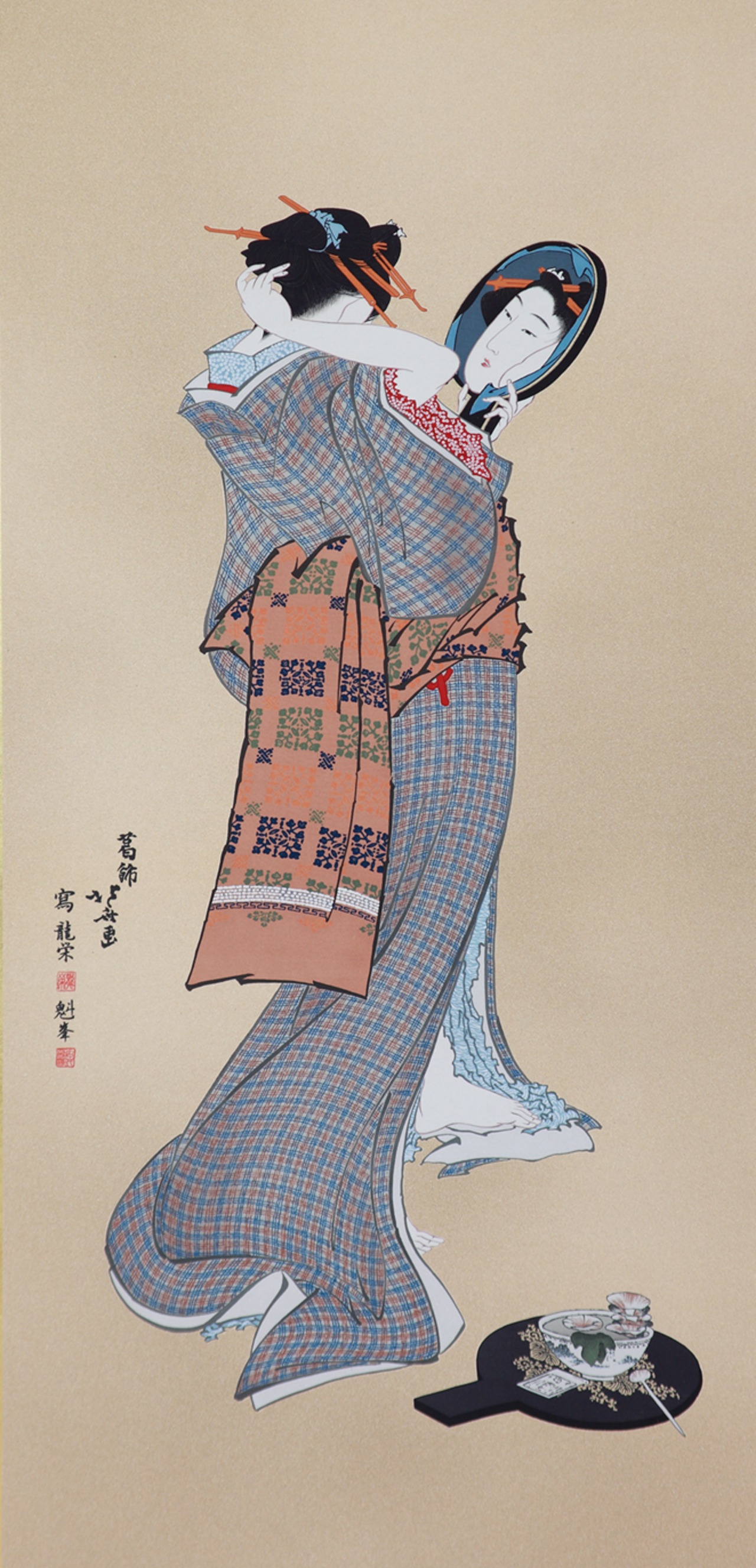 友禅浮世絵屏風 『北斎六美人競べ』（六曲一隻 ）