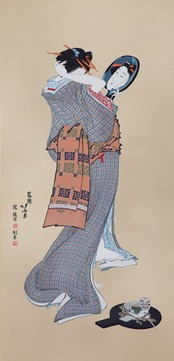 友禅浮世絵屏風 『北斎六美人競べ』（六曲一隻 ）