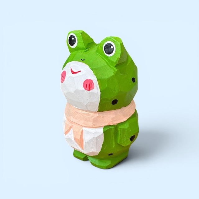 木彫りアニマル カエル かえる 蛙 にっこり 微笑み 手描き かわいい ナチュラル インテリア 木製 置き物 手作り ハンドメイド sanpoti-kbr2603
