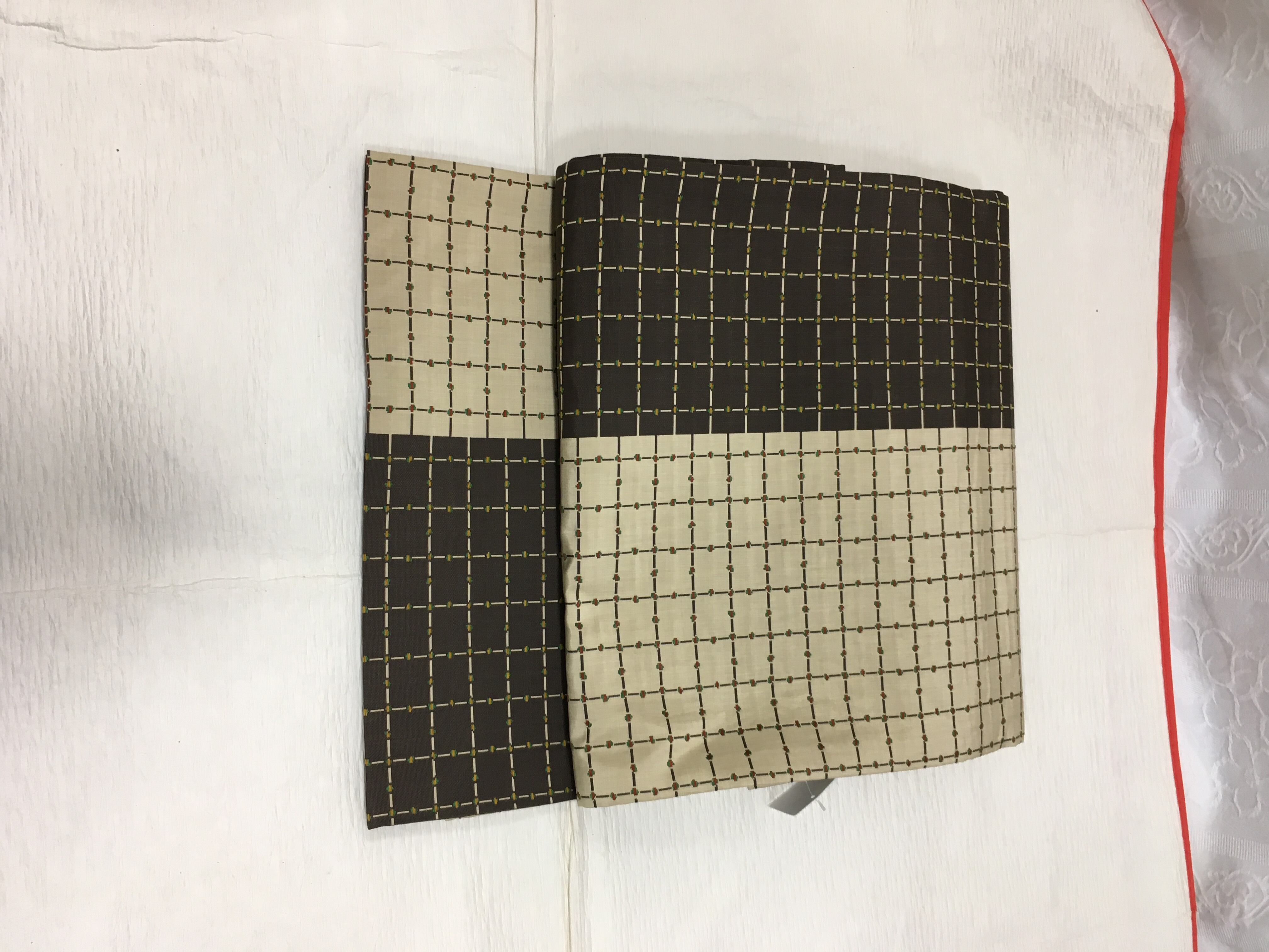 おしゃれ袋帯（ベージュとこげ茶、小格子）