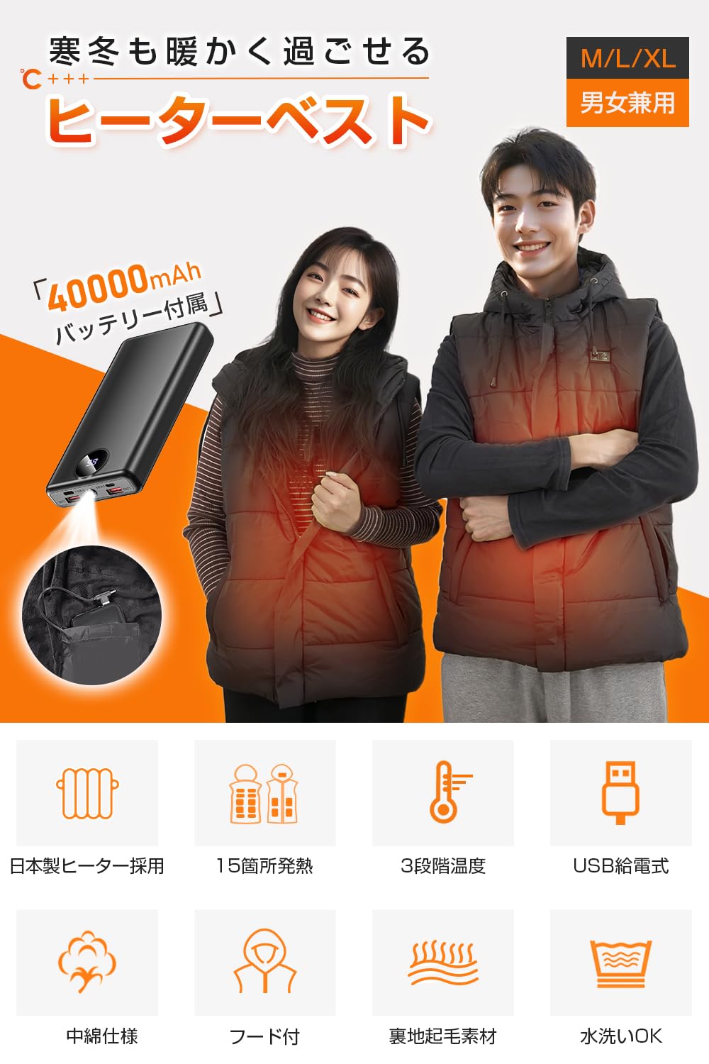 Vivisan] 電熱ベスト 【2025新登場 日本製ヒーター】 大容量40000mAh