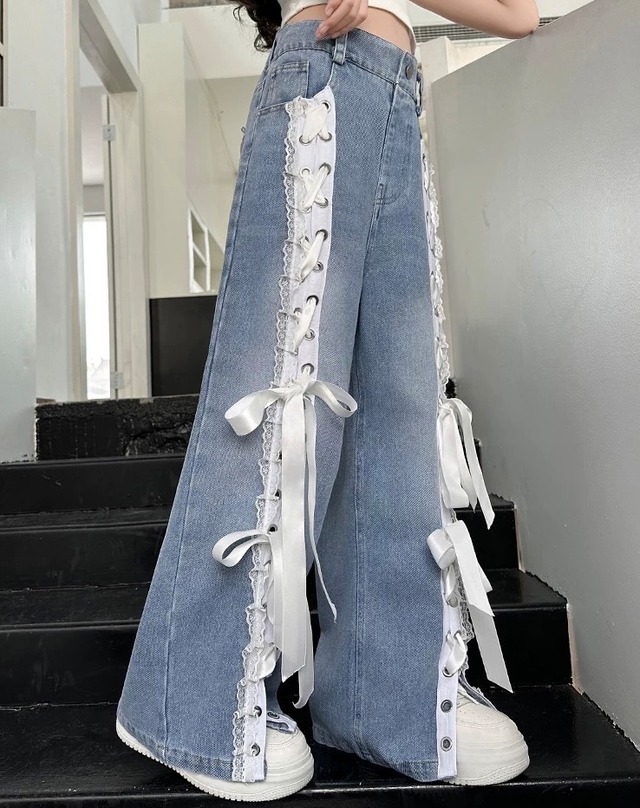 リボンレースデニムパンツ