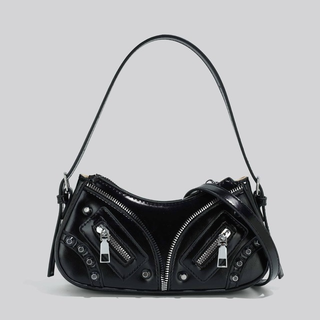 glossy finish zipper closure studded handbag la3084