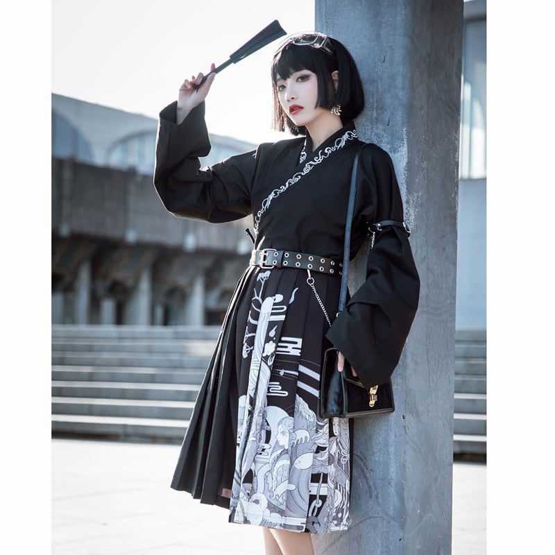 卿棠シリーズ チャイナ風スカート チャイナ服 プリーツスカート S M L Ll プリント ハイウエスト ブラック 黒 Elegant 卿棠シリーズ チャイナ風スカート チャイナ服 プリーツスカート S M L Ll プリント ハイウエスト ブラック 黒 Elegant