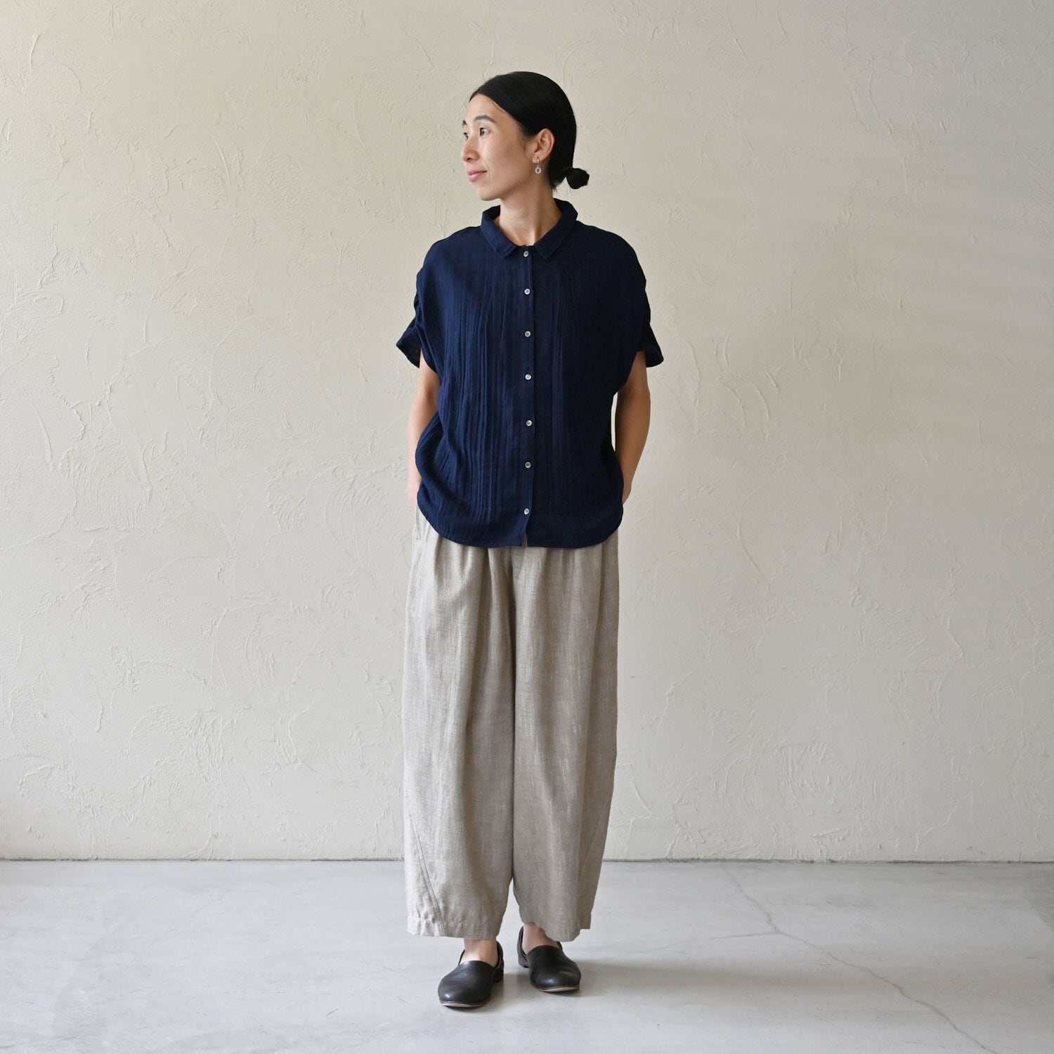 【sisam】ハンソデギャザーシャツ｜ダブルガーゼ コットン