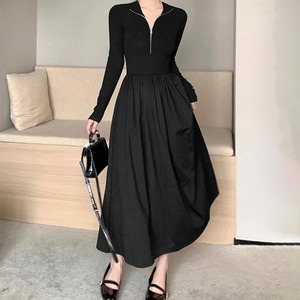 ワンピース ロング レディース 韓国 レトロ 春秋冬 大人 かわいい きれいめ おしゃれ Aライン ハーフジップ 異素材切り替え 上品 清楚 大人可愛い 大人女子