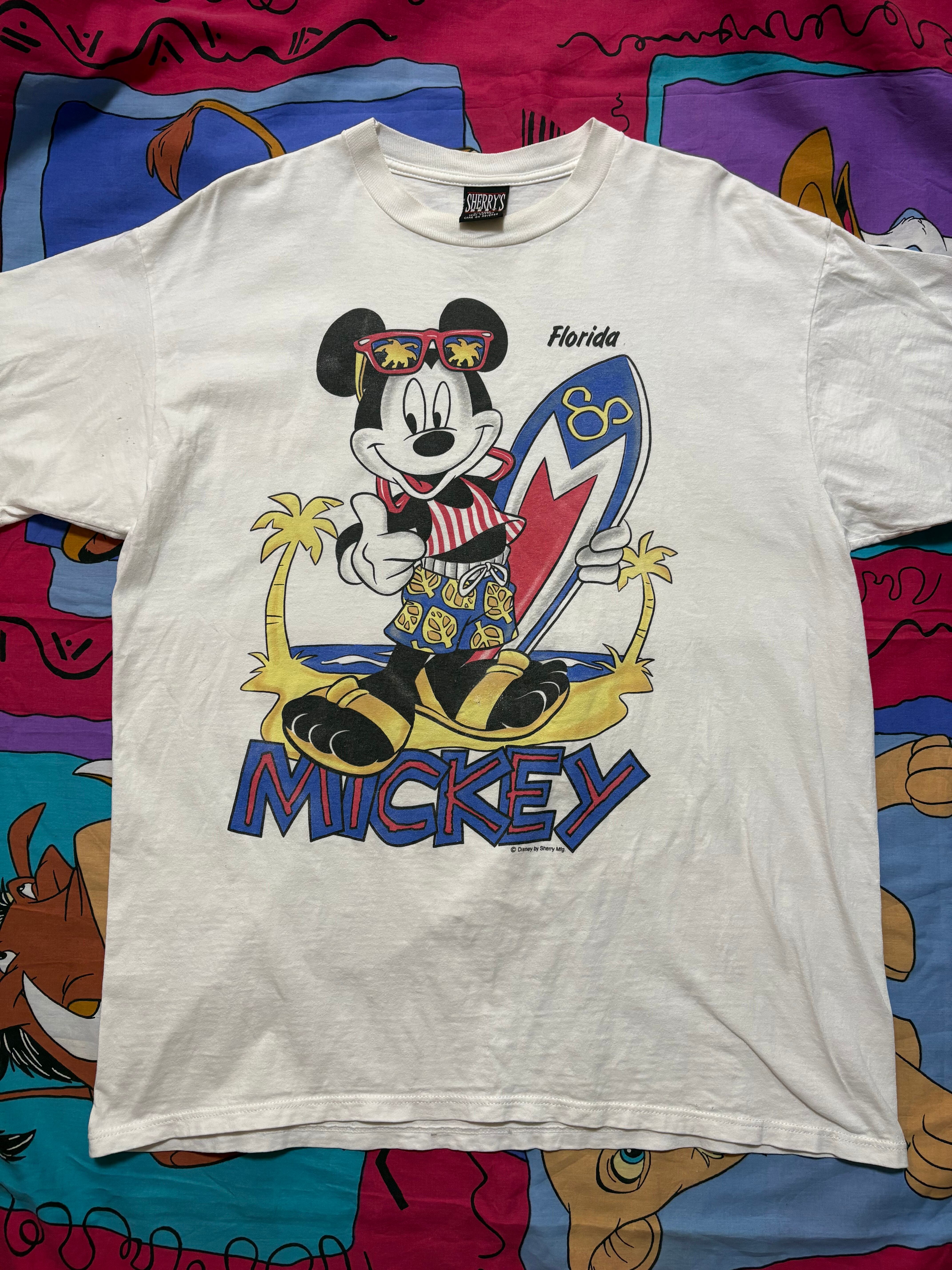 70年代 Disney ミッキーマウス 染み込みプリント リンガーTシャツ