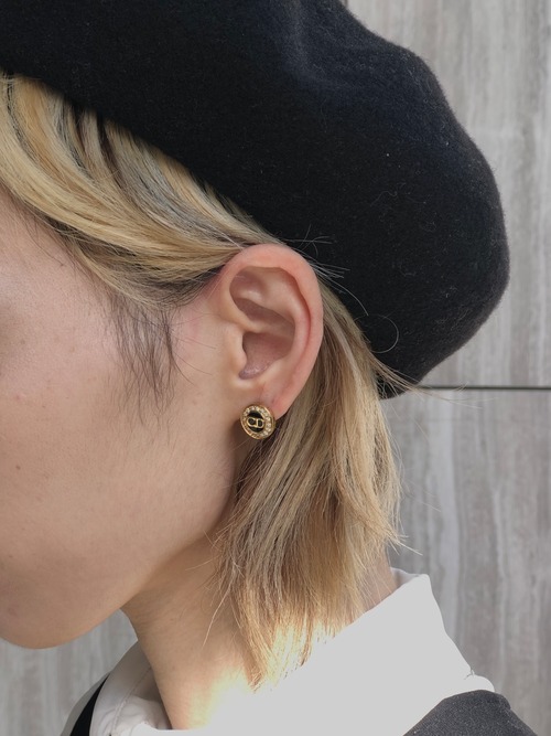 Christian Dior クリスチャン ディオール ピアス ゴールド×ブラック CDロゴ サークルラインストーン vintage ヴィンテージ オールド ayjypj