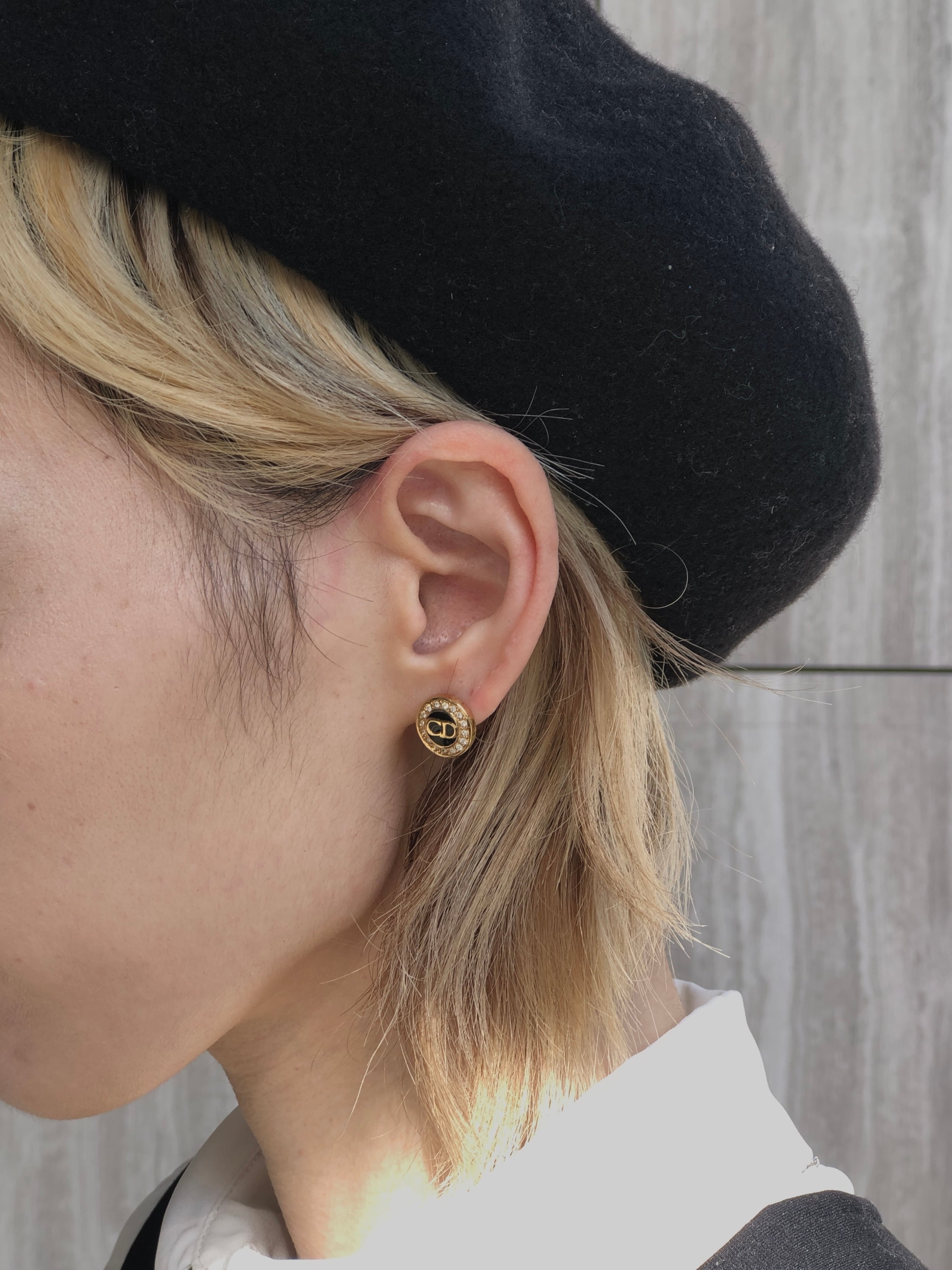 Christian Dior クリスチャン ディオール ピアス ゴールド×ブラック CDロゴ サークルラインストーン vintage ヴィンテージ オールド ayjypj