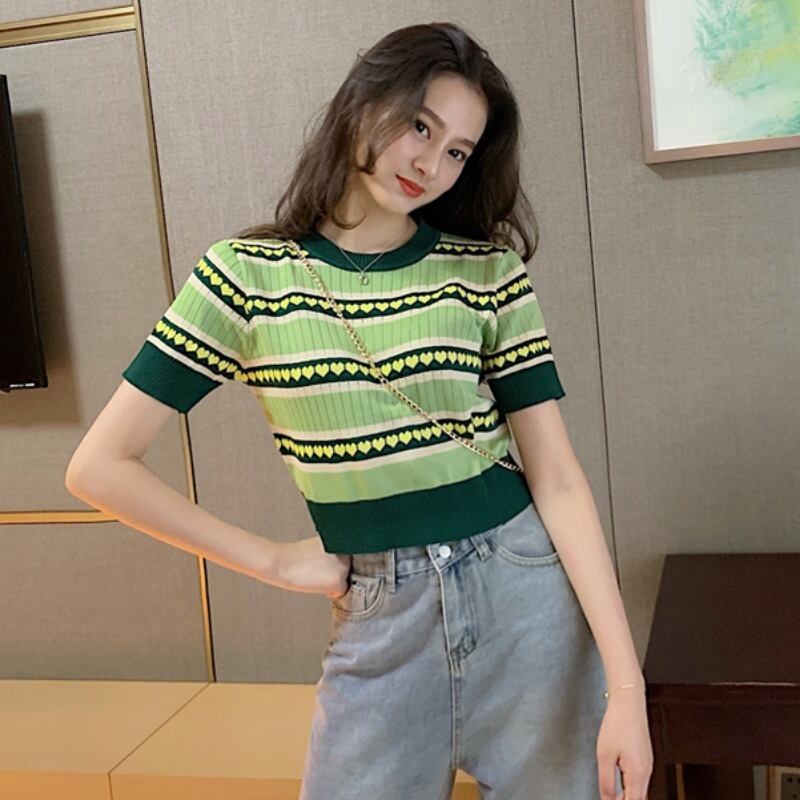 ショートTシャツ レディースサマーレッドグリーンニットトップス 夏物 ハンチェンe25638748399