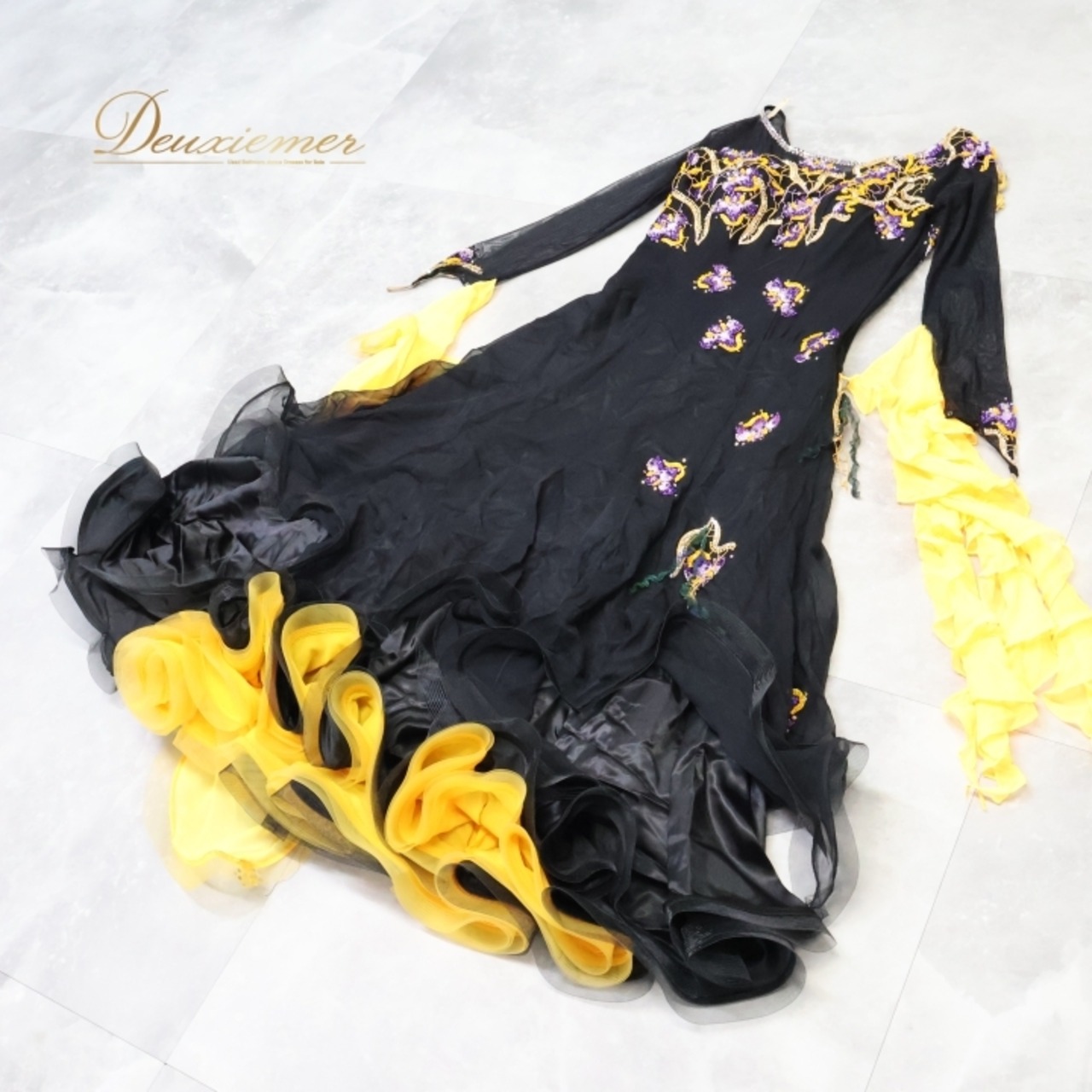 社交ダンス 衣装 スタンダードドレス ワンピース ドレス ブラック系 イエロー系 インザムード in the MOOD 黒 黄色 紫 デモ 競技 フロート レース 上品 華やか デザイン エレガント 豪華 フェスティバル 発表会 ステージ用 ダンスパフォーマンス