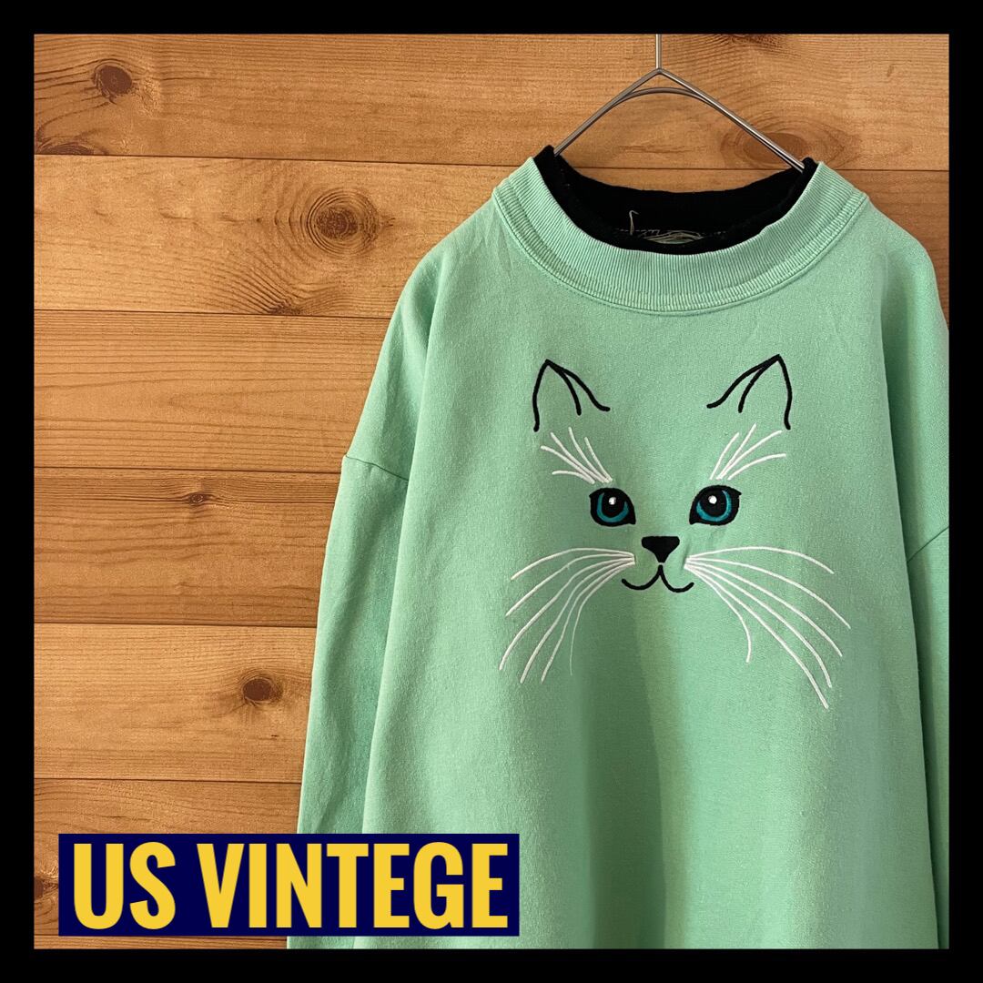 US古着】猫 刺繍プリント スウェット トレーナー ネコ アメリカ古着