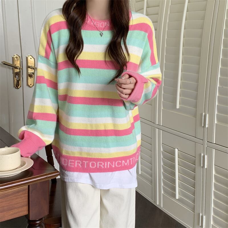 セーター ルーズオータムウィンタースタンダードスタイルストライプトップス レトロ 秋物 冬物 1号婦人58396901109